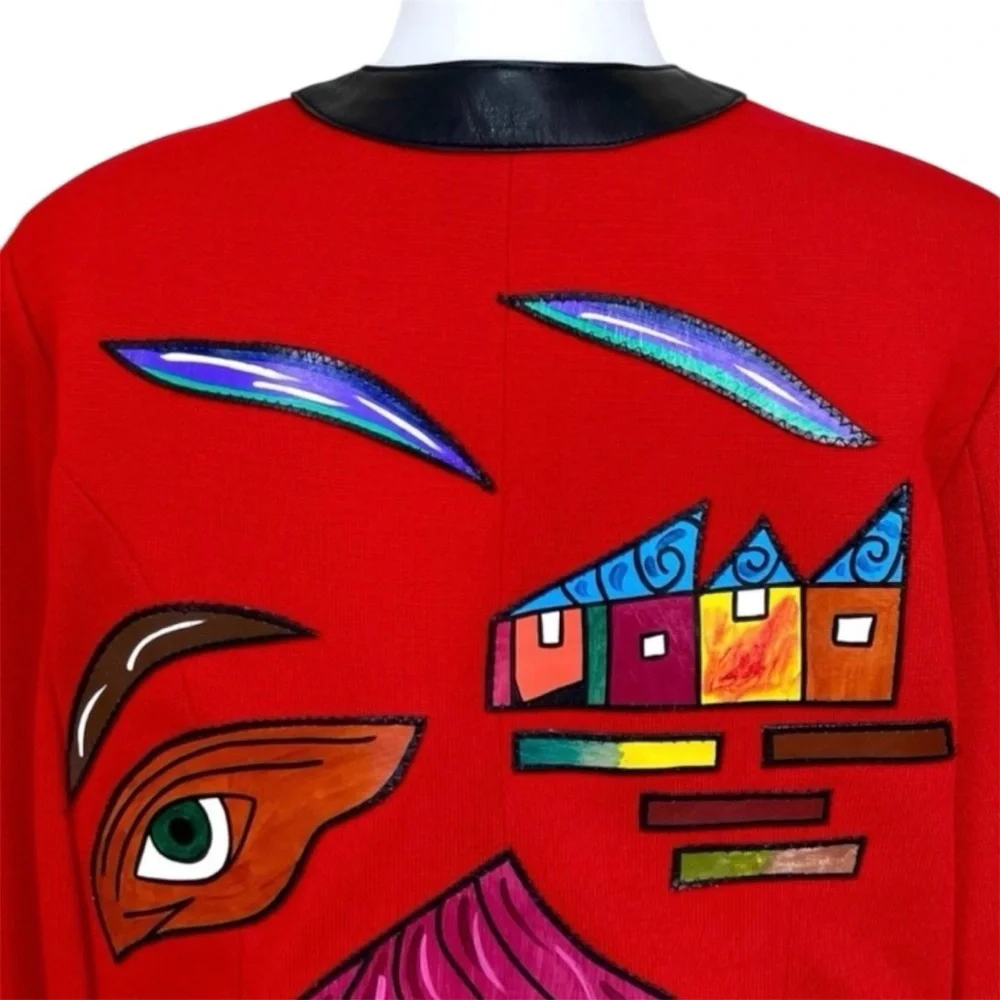 Pikamo Vintage 90s Statement Jacket Art To Wear Leather Trim Wool Blend Red XL - Picture 6 of 8